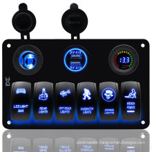 6 Gang Rocker Switch Panel with Digital Voltmeter+12V Power Socket +Double USB Power Charger Adapter